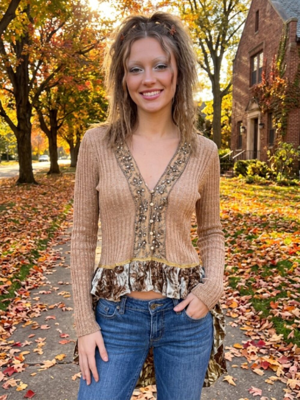 Vtg y2k anthropologie x hazel velvet beaded sheer knit cardigan sweater